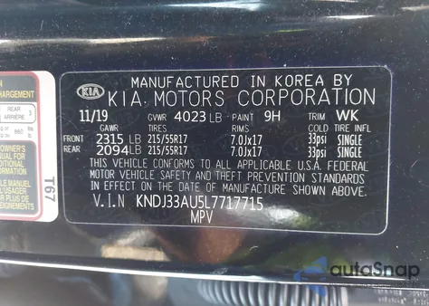 2020 Kia Soul Ex z USA, uszkodzony, nr VIN KNDJ33AU5L7717715